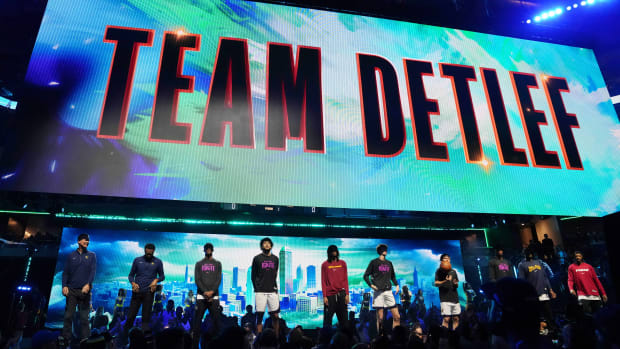 Feb 16, 2024; Indianapolis, Indiana, USA; A general view of Team Detlef before a Rising Stars semifinal game at Gainbridge Fieldhouse. Mandatory Credit: Kyle Terada-USA TODAY Sports